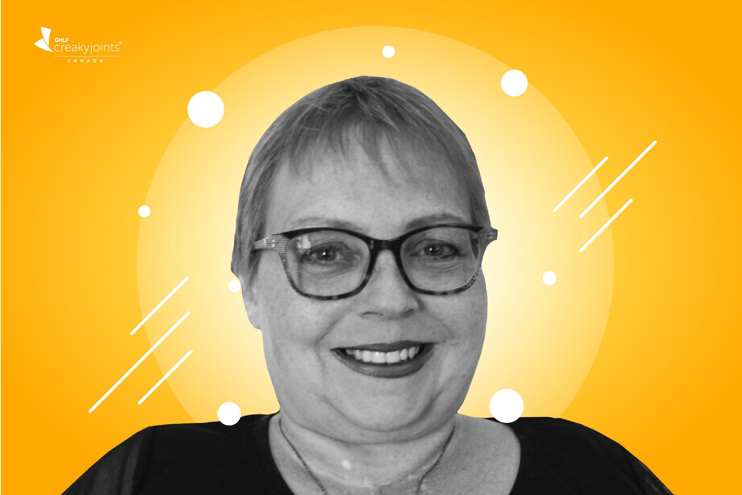 A black and white photo of Lene Andersen, an arthritis patient, sits atop a bright yellow background.