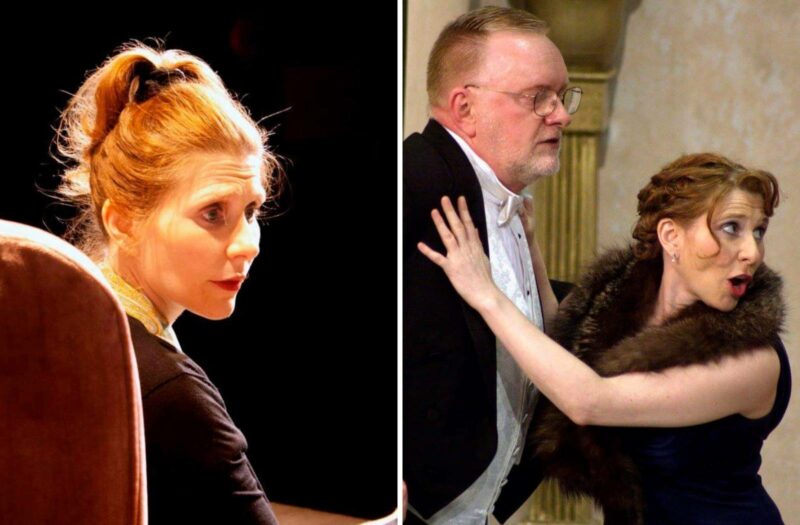 Deux photographies. Sur la gauche si une photo d'une femme, Julia Chayko, jouant dans une pièce de théâtre. À droite, une photo d'une femme, Julia Chayko, et d'un homme jouant dans une pièce de théâtre.