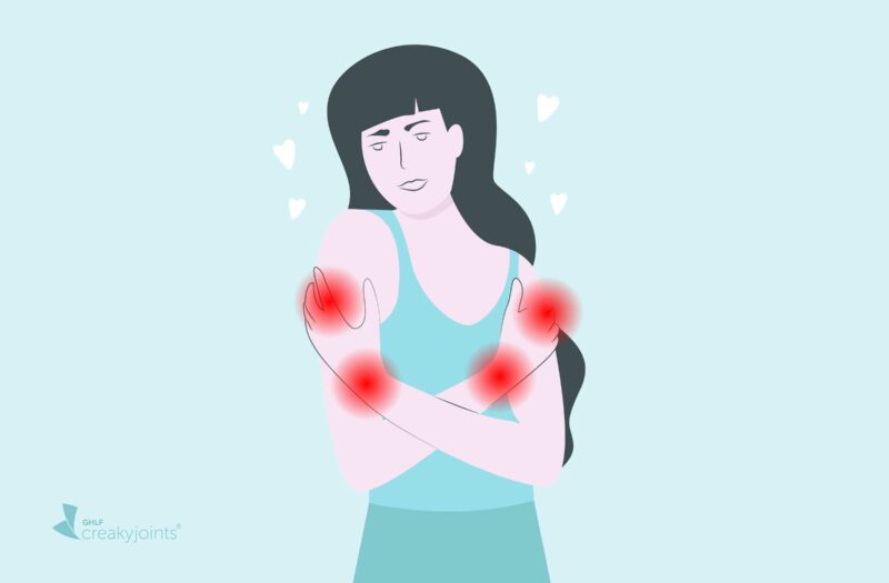 An illustration of a person with red pain spots on the arms and hand to represent arthritis. The person is embracing themselves in a hug.